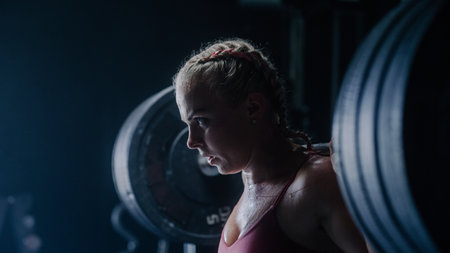 A Confident Female Powerlifter Training and Working out with Heavy Barbell exercises. A Muscular...