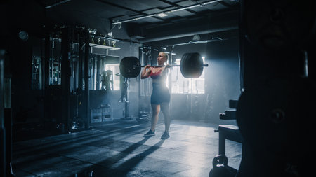 Inspiring Young Athlete Powerlifting and Exercising in a Deserted Hardcore Gym. A Future Female Champion Training Hard with Barbell Workout for Competition. She is Lifting Heavyの写真素材