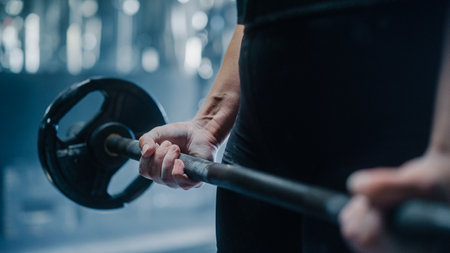 Close Up on Female Hands Covered in Chalk, Lifting a Barbell. Professional Resolute Future Female Champion Does Challenging Training and Workout byの写真素材