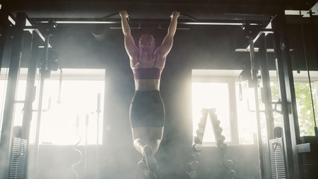 Contre-jour Aesthetic Shot: A Strong Woman Training with Pullups. Female Bodybuilder Doing Core Workout and Exercising in an Empty Dark Gym During Morning. Backの写真素材