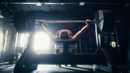 Portrait of a Powerlifter Lifting Weights on a Bench Then Putting the Barbell Down in a Dark Gym. A...