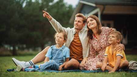 Portrait of a Happy Young Family with Kids Sitting on a Lawn in Their Garden on a Warm Summer Day at...