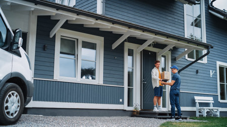 Handsome Young Homeowner Receiving an Awaited Parcel from a Cheerful Courier. Postal Service Worker Comes to the House to Make a Door to Door Delivery and Get a PODの写真素材
