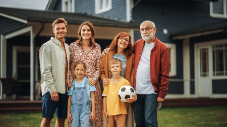 Portrait of a Happy Family Couple with a Son and Daughter as well as Grandparents, and a White Golden Retriever Dog Posing for Camera and Smiling in Their Frontの写真素材