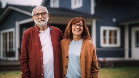 Joyful Senior Couple are Laughing and Having Fun Outdoors Their Country House, Lovingly Embracing Each Other. Adults Look at the Camera and Smile, Enjoy Theirの写真素材