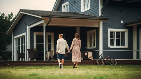 Young Beautiful Couple Walking Outdoors Towards the Country House, Holding Hands. Young Modern Family at Home, Footageの写真素材