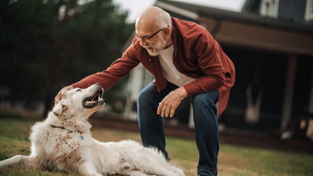 Happy Adult Man Enjoying Time Outdoors with a White Golden Retriever, Petting a Playful Energetic Pet Dog. Joyful Senior Male Spending Time with a Pet on a Lawn in Frontの写真素材