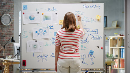 An Active Female Writes on Whiteboard and Adds Charts While Brainstorming. Businesswoman Building Her E-commerce Idea in anの写真素材