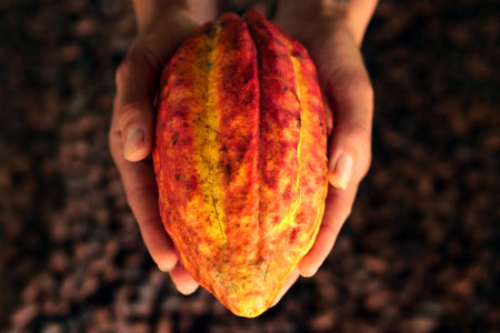 Cacao fruit, raw cacao beans in the hands of a farmerの写真素材