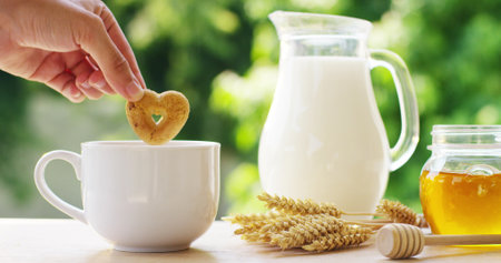 Cup of coffee with heart shaped cookies and milk on nature backgroundの写真素材