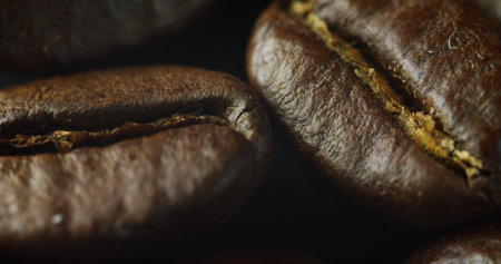 Coffee beans on a dark background. Macro Close-up.の写真素材
