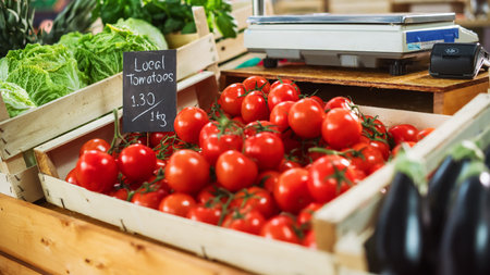 Outdoors Marketplace with Local Produce from a Farm. Farmers Food Stand with Organic Fruits and Vegetables. Red Ripe Tomatoes on a Counter. Concept of Small Business, Local Culture and Economyの写真素材