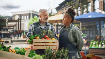Portrait of a Happy Middle Aged Multiracial Street Vendors Couple Posing for Camera and Smiling. Partners Working at an Outdoors Farmers Market Stall with Natural Organic Agricultural Productsの写真素材