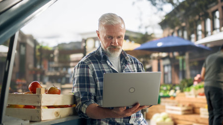 Portrait of a Middle Aged Street Vendor Working on Laptop Computer while Sitting in a Farmers Market Stall with Fresh Natural Agricultural Products. Businessman Contacting Supply Stores Onlineの写真素材