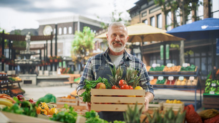 Successful Senior Farmer Posing and Cheerfully Smiling on Camera. Middle Aged Bearded Man Holding a Box with Farm Produce in His Street Vendor Stall with Sustainable Organic Fruits and Vegetablesの写真素材