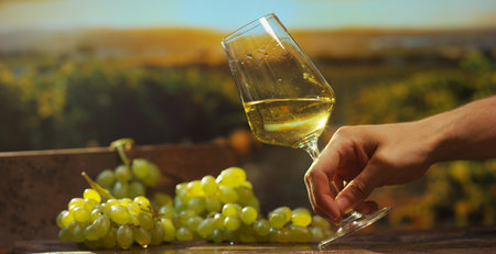 Male hand with glass of white wine and grapes on vineyard backgroundの写真素材