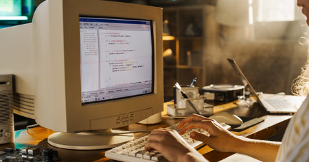 Side View Of Hispanic Female Engineering Student Writing Academic Thesis On Old Desktop Computer In...