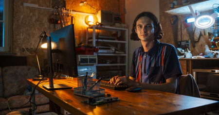 Portrait of Caucasian Male Software Engineer Programming On Desktop Computer In Home Garage, Looking...