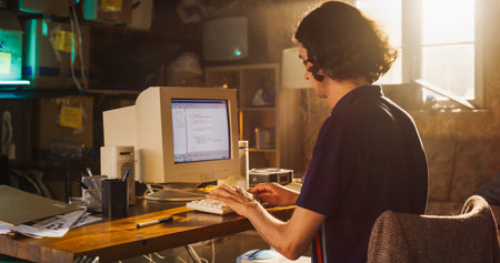 Caucasian Male Software Engineer Programming on Old Desktop Computer In Retro Garage. Focused Man Starting Fintech Startup Company In Nineties. Coding Innovative Online Service At Home.の写真素材