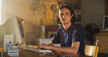 Caucasian Male Software Engineer Programming On Old Desktop Computer In Retro Garage, Looking At Camera And Smiling. Man Starting an Innovative Fintech Startup Company In Nineties. Nostalgia Concept.の写真素材