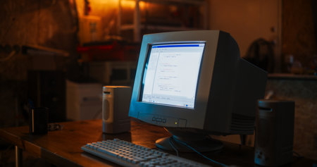 Close Up Shot Of Old Desktop Computer On Work Desk Of Software Developer In Retro Garage. Dated PC Has Operating System Terminal Opened, Prompts Running On Screen, Code Functioning Successfully.の写真素材