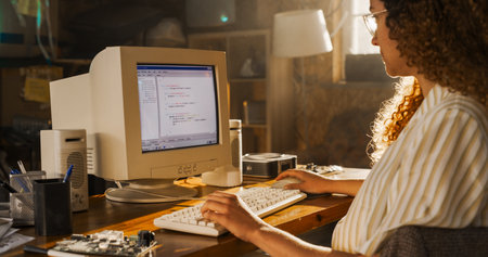 Side View Of Hispanic Female Engineering Student Writing Academic Thesis On Old Desktop Computer In...