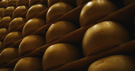 Cheese collection in the cellar, close-up of cheese wheelsの写真素材