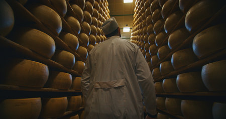Man working with cheese wheels in cellar of winery. He is wearing white coat and hat.