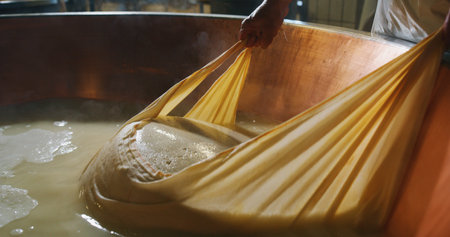 Process of making cheese in a cheese factory, close-up.の写真素材