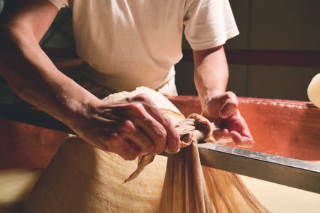 The process of making traditional cheese in a traditional way.の写真素材