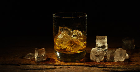 Whiskey with ice cubes on old wooden table and black background