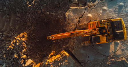 Aerial Drone Shot Directly Above Industrial Excavator Digging Up Rocks On Construction Site On Sunny Day. Workers Operating Heavy Machinery To Complete Real Estate Project Orの写真素材