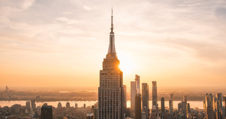 Aerial Image of New York City and Manhattan Panoramic Cityscape with Empire State Building. Helicopter View of the Tourist Attraction with Central Park and Hudson River in the Backgroundの写真素材