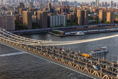 Aerial Cinematic Drone Scene Near a Bridge with Lower Manhattan Skyscrapers Cityscape. Beautiful...
