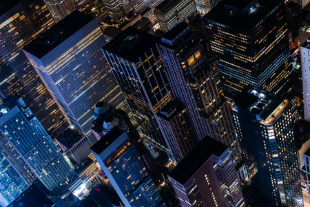 New York City Aerial Night Cityscape with Stunning Manhattan Landmarks, Skyscrapers and Residential...
