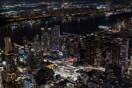 Aerial View of Manhattan Architecture at Night. Night Photo of Financial Business District from a...