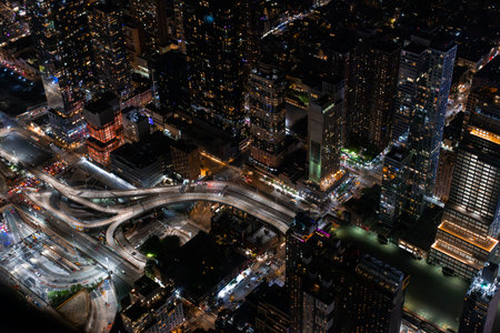 Aerial View of New York City. Helicopter Photo of a Highway in New York City. Panoramic View with...