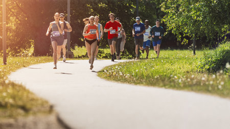 Wide Shot of Diverse Marathon Participants Competing in a Race for the Finish Line: Group of People...