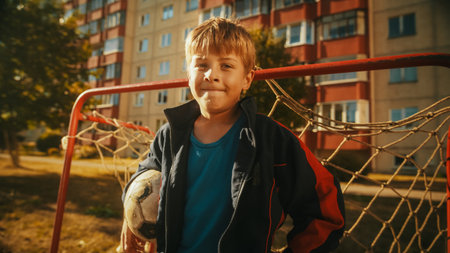 Portrait of a Handsome Boy Wearing a Sport Coat Holding a Soccer Ball in the Neighborhood. Young Football Player Looking at Camera, Smiling. Standing in Front of a Old Gate.の写真素材