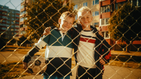 Portrait of Two Young Cute Caucasian Kids Embracing Each Other while Looking at Camera, Smiling....