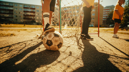 Close Up Shot : Young Boy Stopping a Ball with his Foot. Young Football Players Getting Ready to Start a Soccer Match in Neighborhood Pitch. Enjoying Childhood with Sports, Action and Friendshipの写真素材