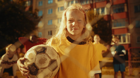 Portrait of a Cute Girl in Yellow T-Shirt Holding a Soccer Ball on a Field in the Neighborhood....