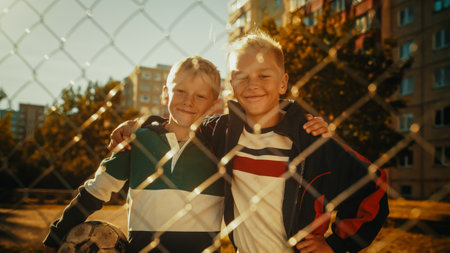 Portrait of Two Young Handsome Caucasian Boys Embracing Each Other while Looking at Camera, Smiling....