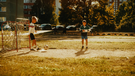 Neighborhood Kids Playing Soccer in the Backyard. Young Football Player Scoring a Goal. Two Boys Kicking the Ball, Celebrate the Victory. Concept of Outdoors Sports, Childhood and Friendship.の写真素材