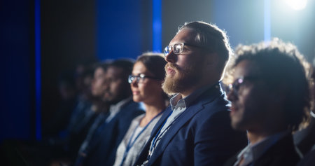 Young Bearded Man Attending a Political Conference, Sitting in Crowded Hall. Journalist Taking Notes and Writing an Article on Laptop Computer. Writer Listening to a Motivational Speaker.の写真素材