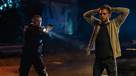 Two Professional Police Officer Aiming Guns, Order Criminal to Stop Resisting Arrest. Hand on the...
