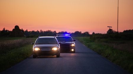 Speeding Driver Gets Pulled Over By Police Patrolling Car . Wide Shot of the Two Cars Stopped in a Road Crossing an Open Field. Drunk Driver Gets Caught by Professional Officersの写真素材