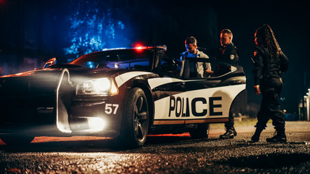 Two Police Officers Arrest Suspect, Put Him in Patrol ar. Officers of the Law Handcuff Dangerous Criminal on Dark City Street. Cops Arresting Felon, Fight Crime. Cinematic Documentaryの写真素材