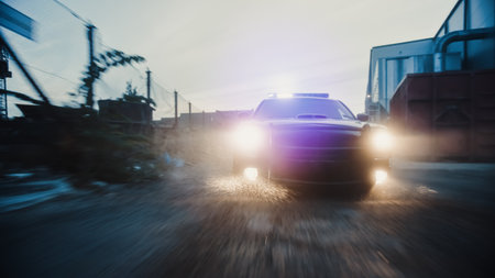 Traffic Patrol Car in Pursuit through Industrial Area. Police Officers Driving Squad Car, Chasing Suspect on Industrial Road, Sirens, High Speed. Cops on Emergency Response Call. Cinematic Actionの写真素材