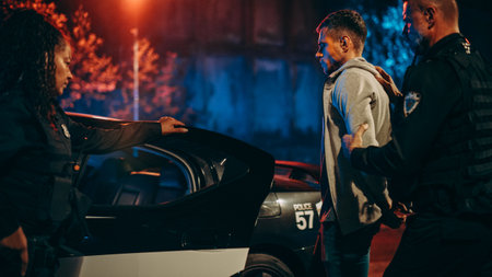 Two Police Officers Arrest Suspect, Put Him in Patrol ar. Officers of the Law Handcuff Dangerous Criminal on Dark City Street. Cops Arresting Felon, Fight Crime. Cinematic Documentaryの写真素材